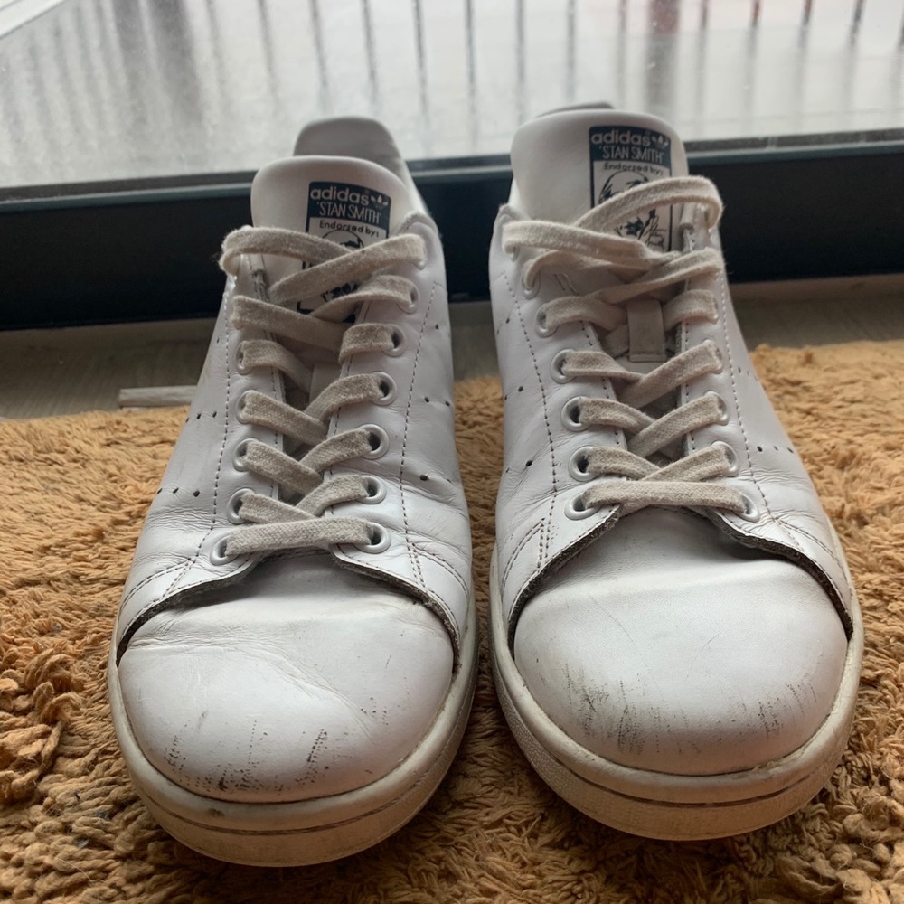 Worn size 9 white and black Adidas sneakers